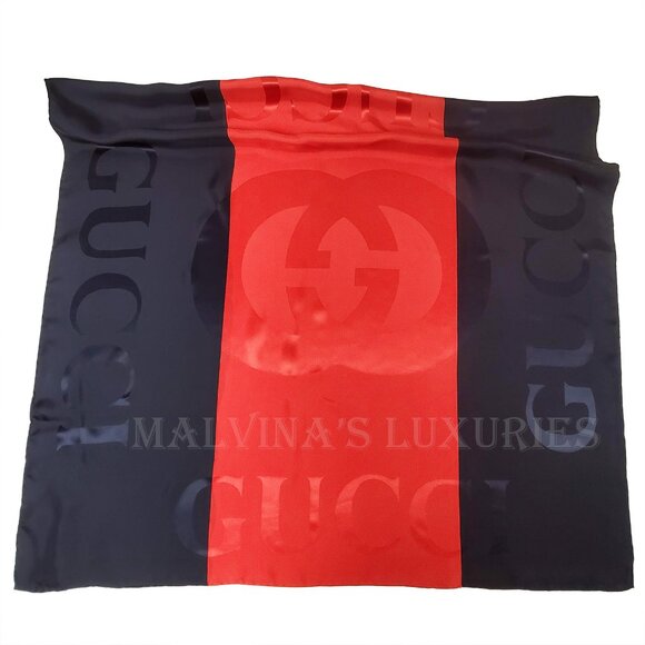 GUCCI SCARF BLUE RED WEB GG LOGO PRINT JACQUARD SILK TWILL FOULARD 35" - Picture 5 of 16